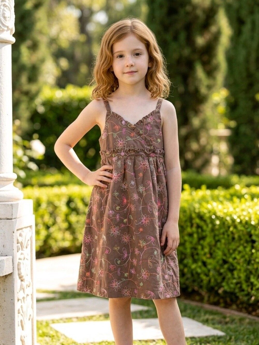 Penelope Mack Embroidered Floral Dress 3T Brown Boho Cottagecore Sundress Fall